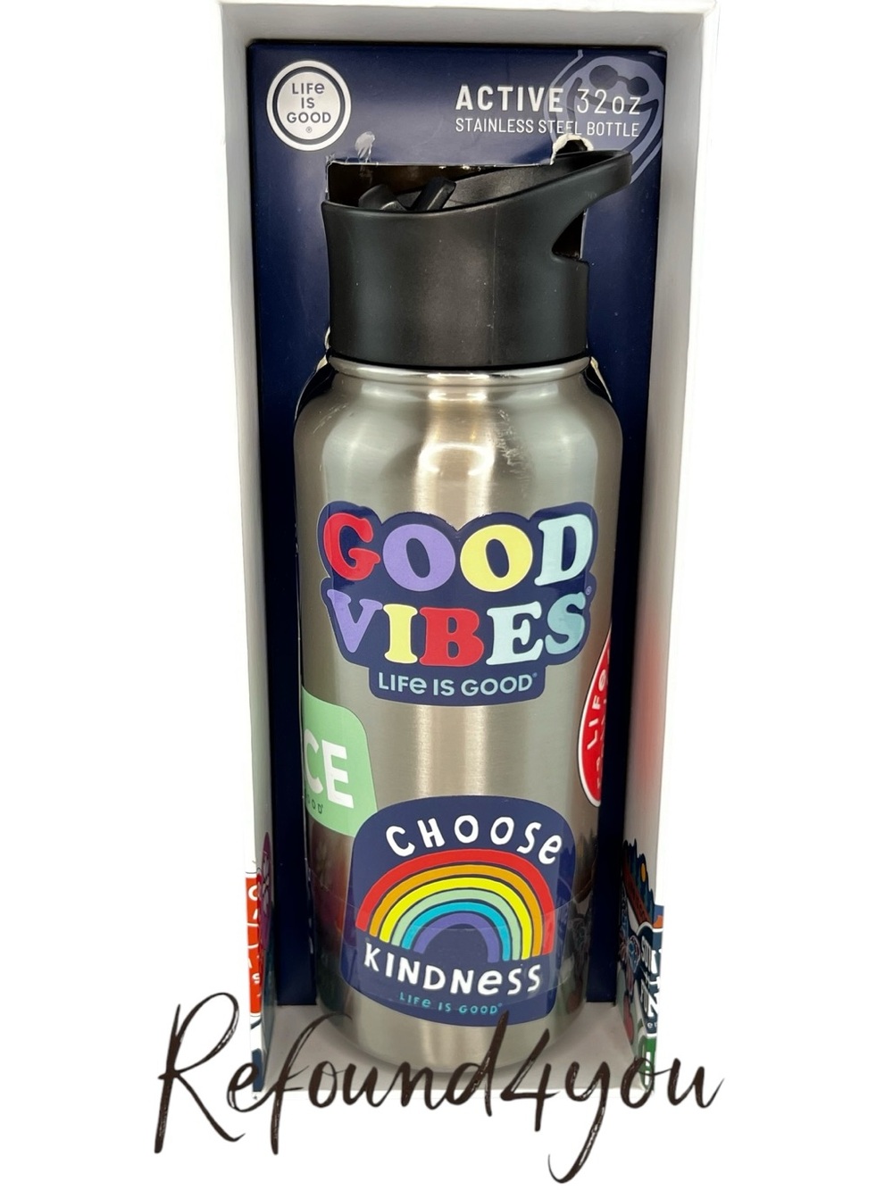 Life is Good - ‘Stickers - positive vibe’ 32oz insulated H20 bottle. NWT. Firm!